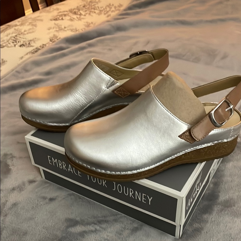 Silver and Brown Mules with Closed Toe and Open Back